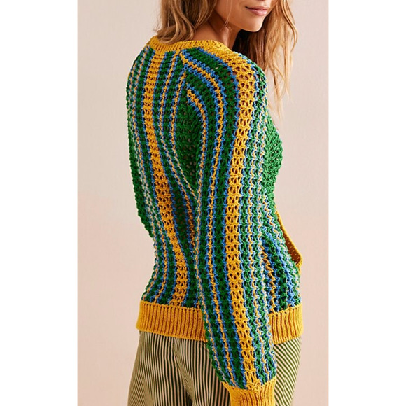NEW FREE PEOPLE FP BEACH GREEN BLUE YELLOW DAYTON STRIPED PULLOVER SWEATER SZ XS - Picture 3 of 9
